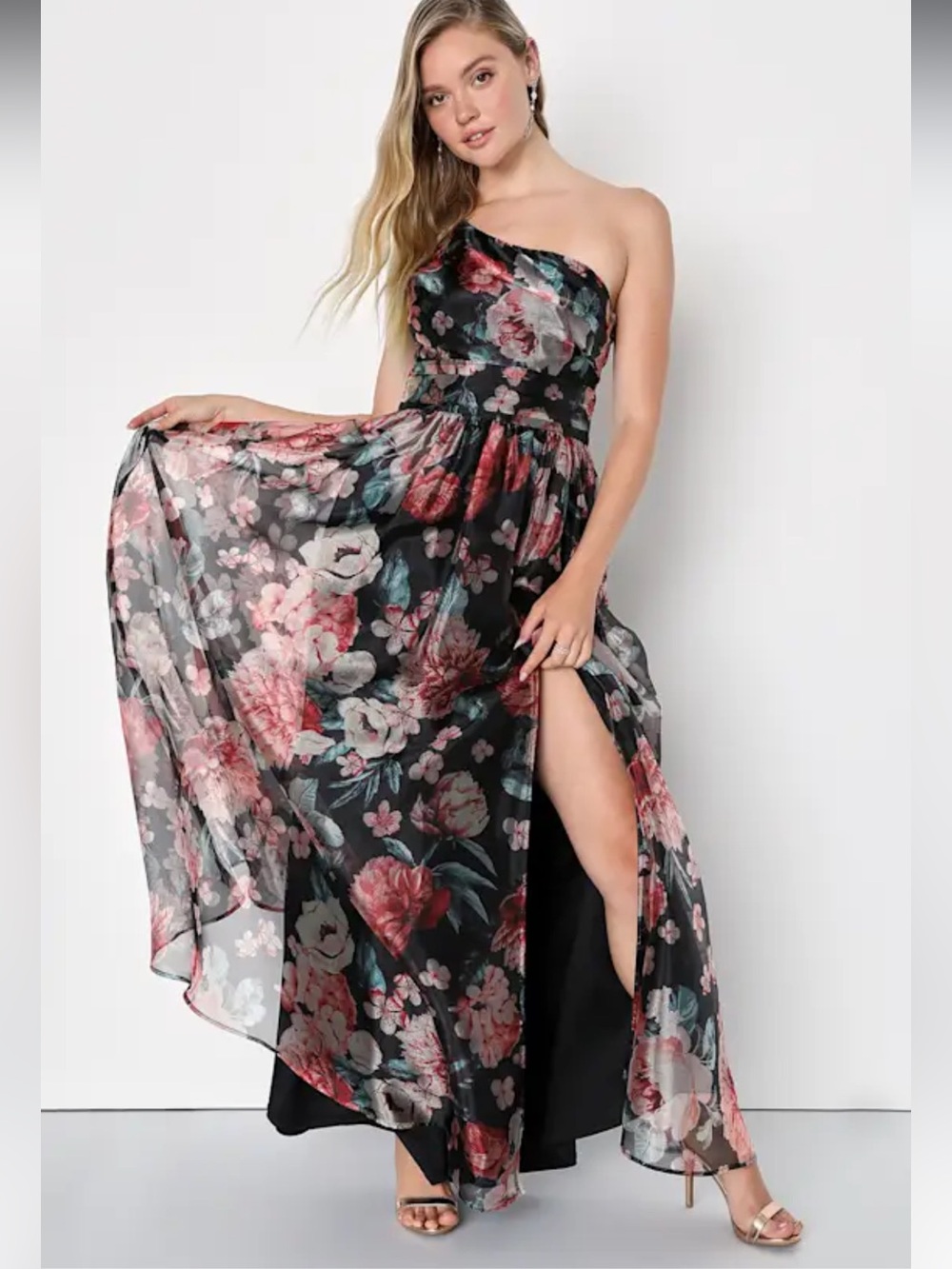 Lulus Black Bringing the Charm Floral Organza One Shoulder Maxi Gown NWOT XS-S